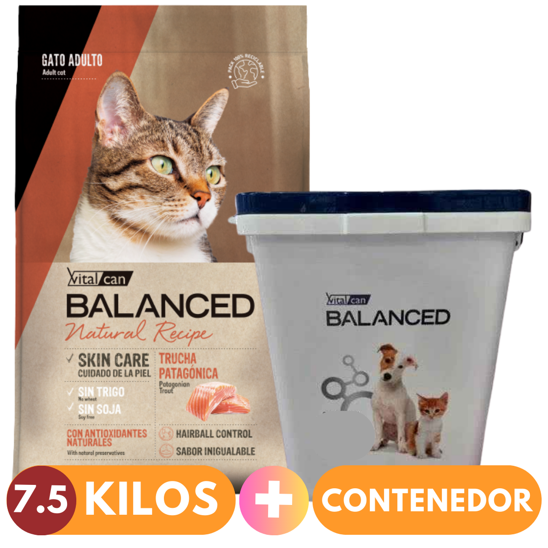 Balanced Gato Recipe Natural Trucha 7.5 kg + CONTENEDOR